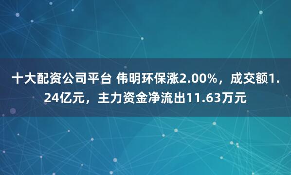 十大配资公司平台 伟明环保涨2.00%，成交额1.24亿元，主力资金净流出11.63万元